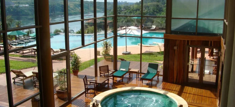 The indoor jacuzzi at the Amerian, under a glazed gallery